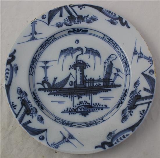 Three English delft ware plates, c.1760-70, diameter 23cm